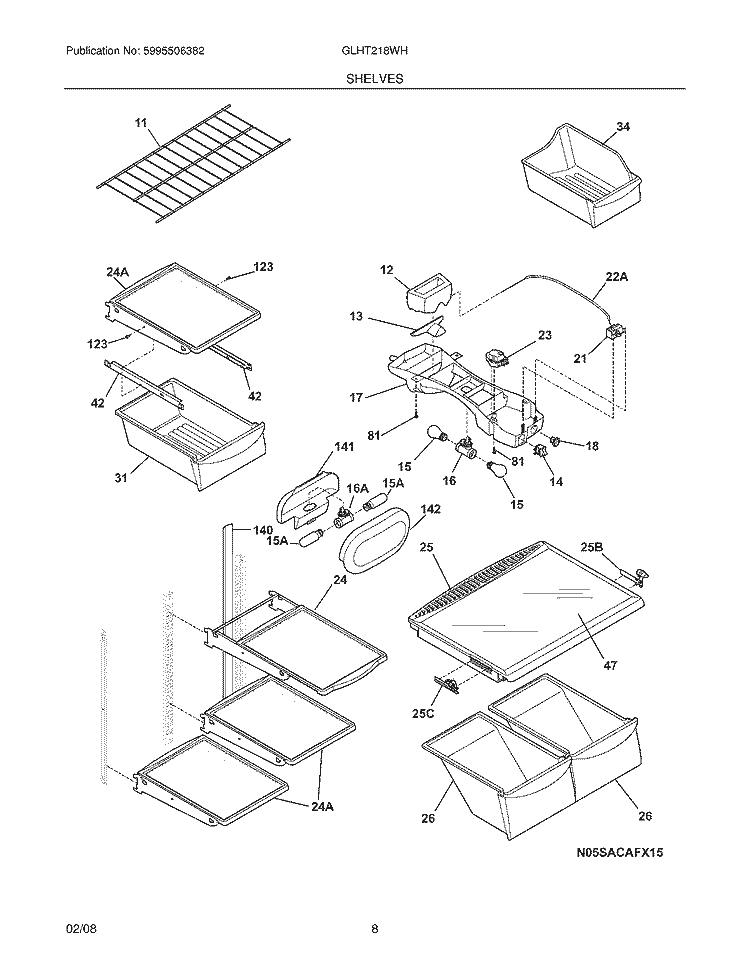 SHELVES Diagram and Parts List for GLHT218WHB2  Frigidaire Refrigerator
