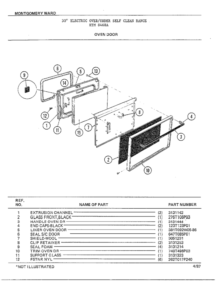Oven Door Diagram and Parts List for 8468A  Frigidaire Range