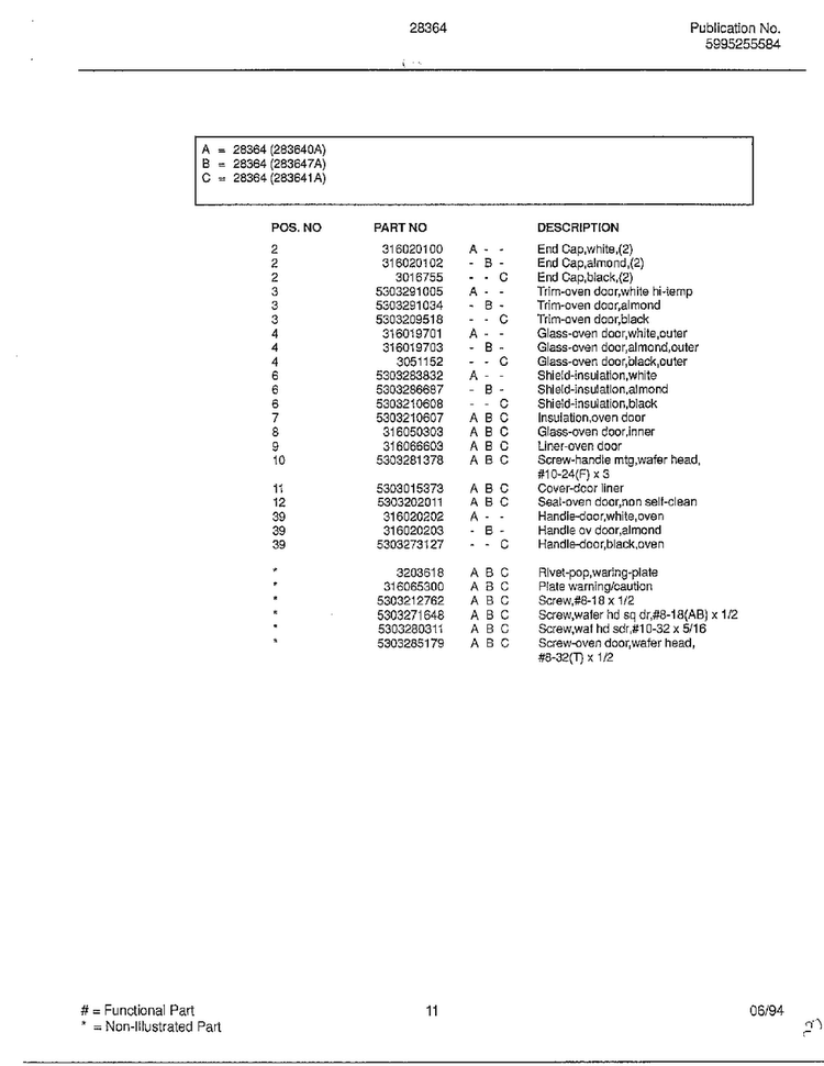 Door Page 2 Diagram and Parts List for 28364  Frigidaire Range