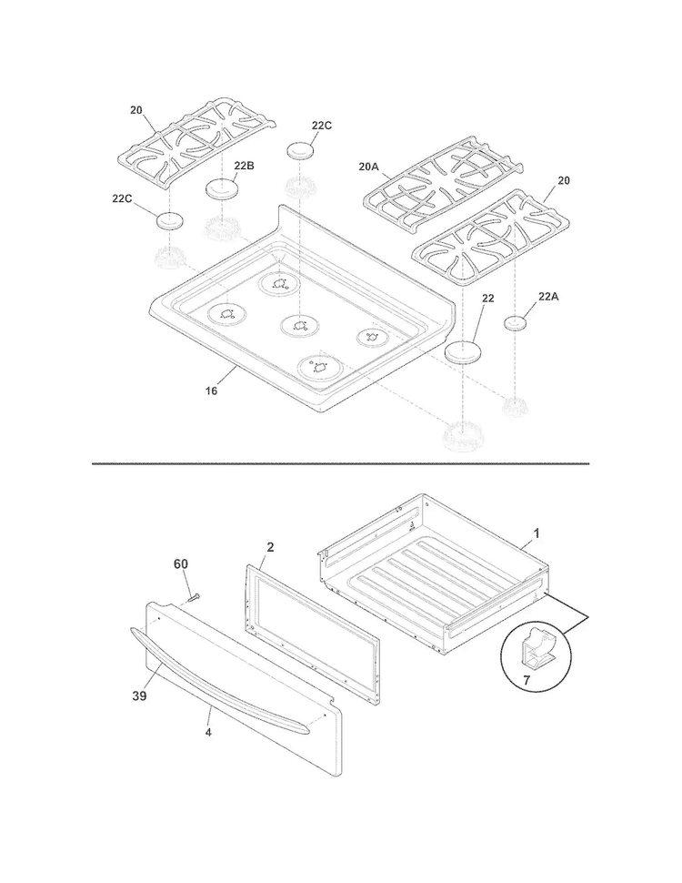 Top/drawer Diagram and Parts List for FGGF3032MFC  Frigidaire Range