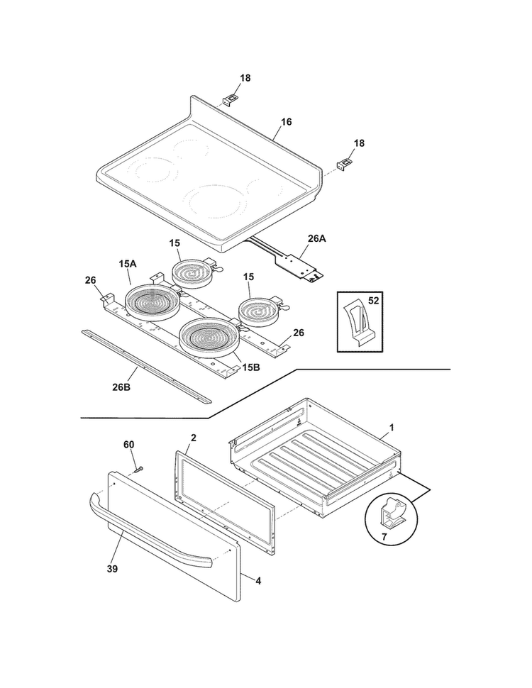 Top/drawer Diagram and Parts List for CFEF3048LSM  Frigidaire Range