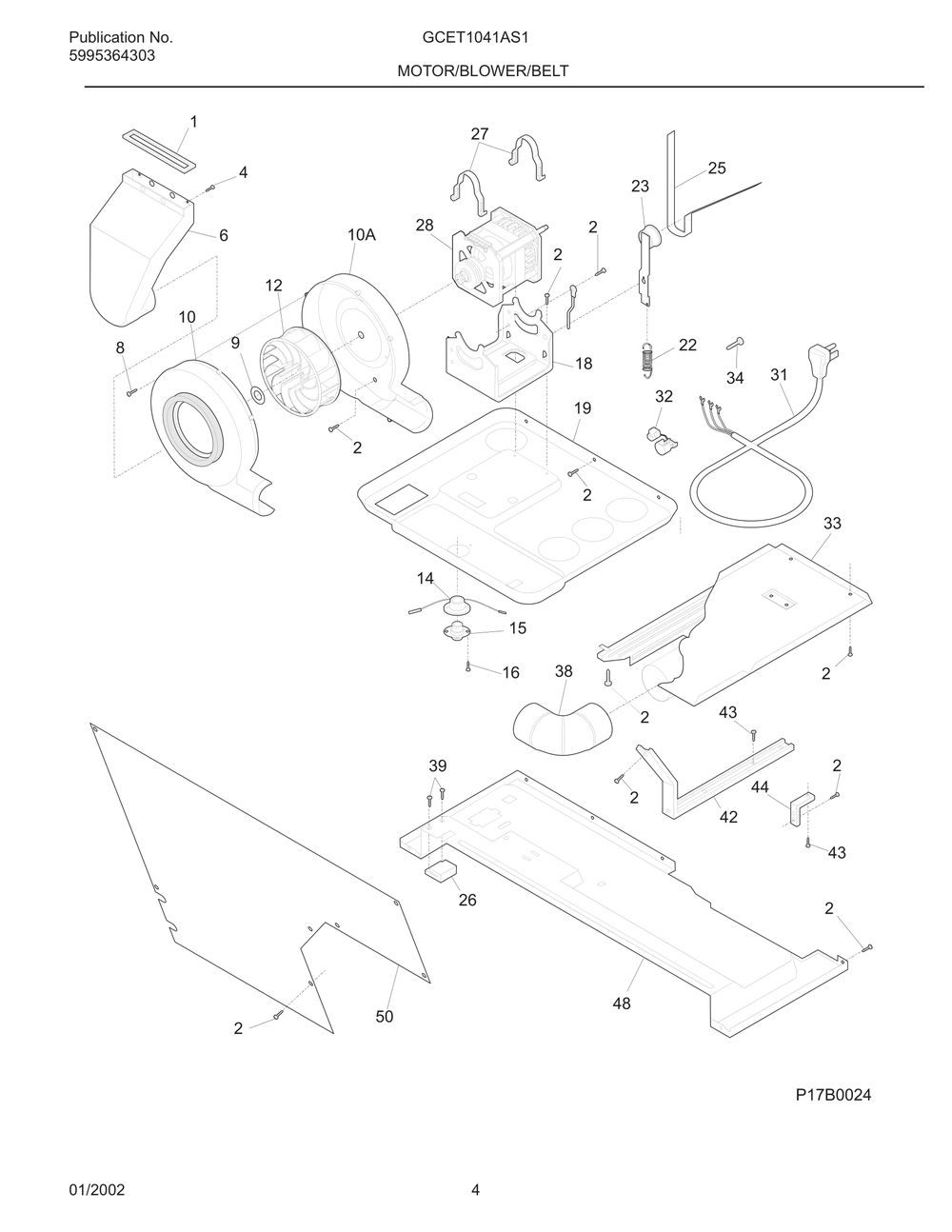Motor/Blower/Belt Diagram and Parts List for GCET1041AS1  Frigidaire Dryer