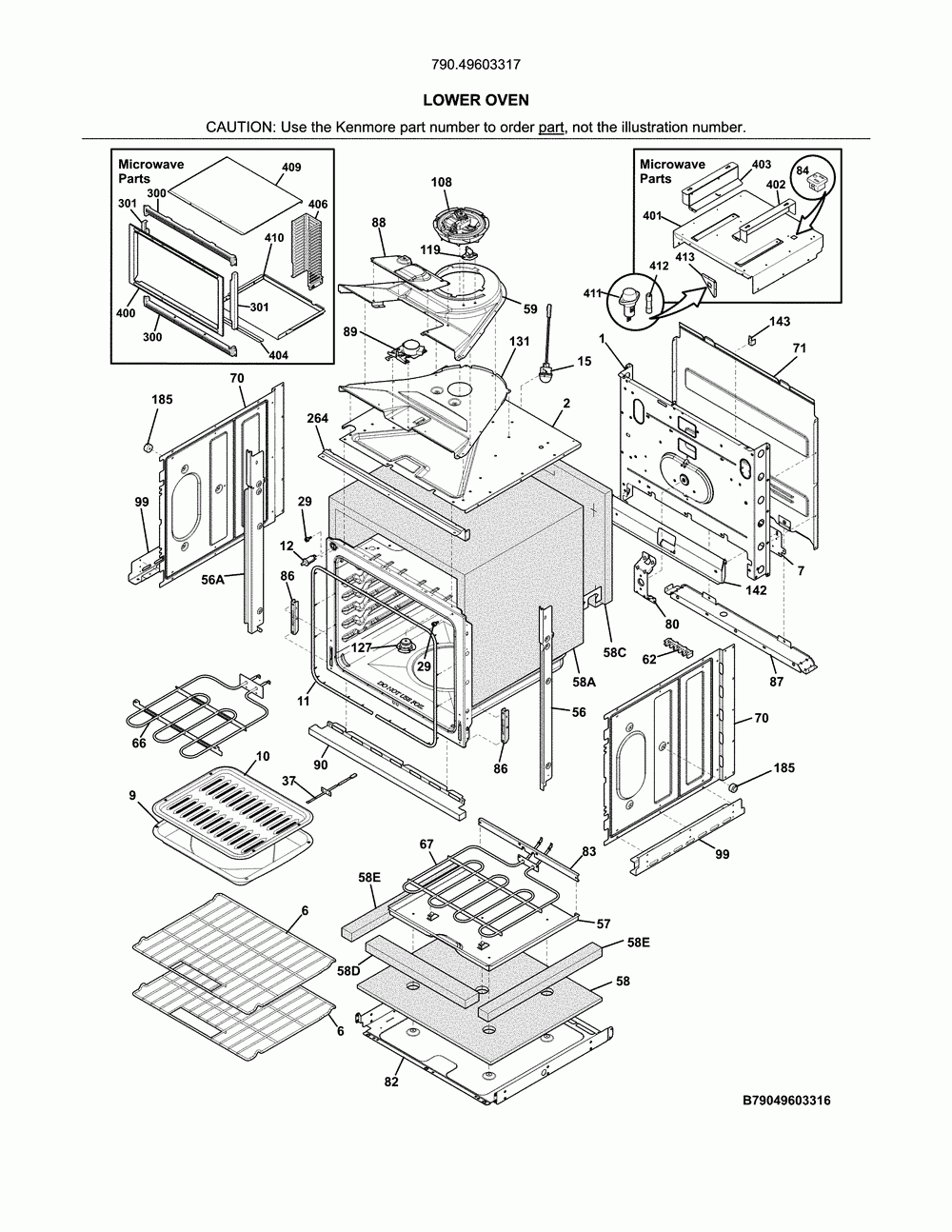 Lower oven Diagram and Parts List for 79049603317  Kenmore Microwave