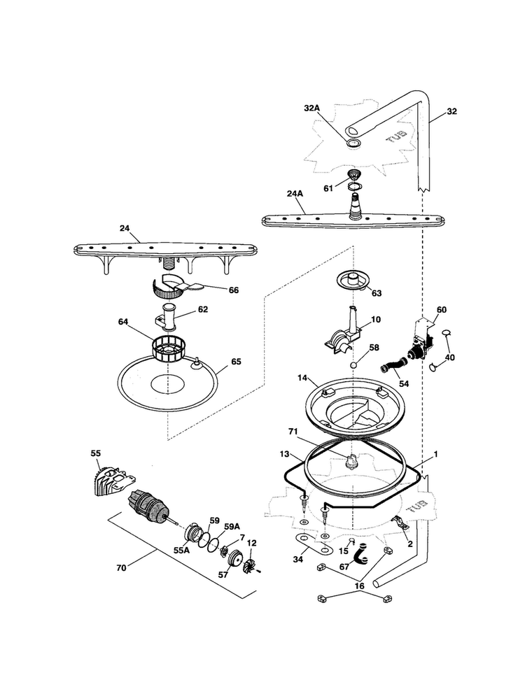 Motor/pump Diagram and Parts List for GLD958JB0  Frigidaire Dishwasher