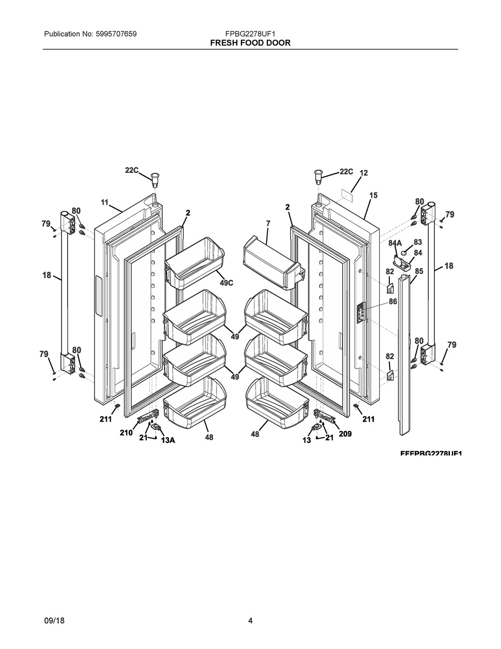 Fresh Food Door Diagram and Parts List for FPBG2278UF1  Frigidaire Refrigerator