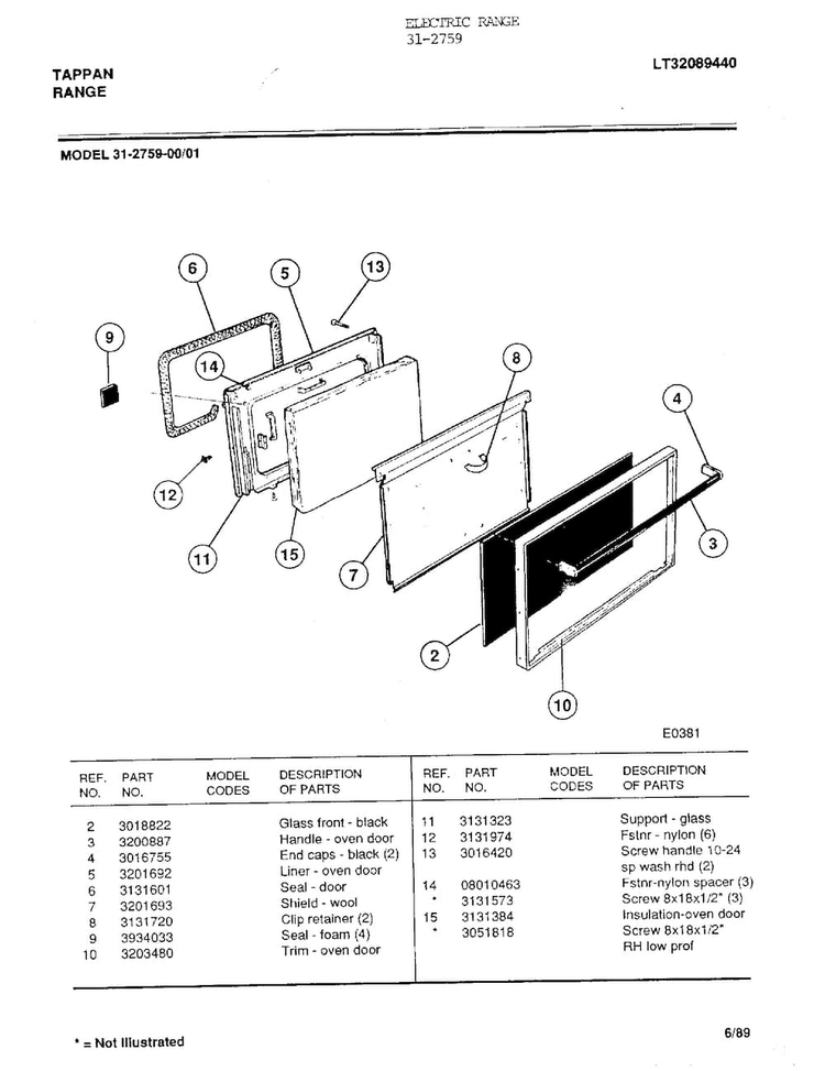 Electric Range Diagram and Parts List for 31-2759  Tappan Range