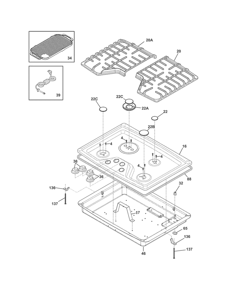 Cook Top Diagram and Parts List for EW30GC55PB0  Electrolux Cooktop