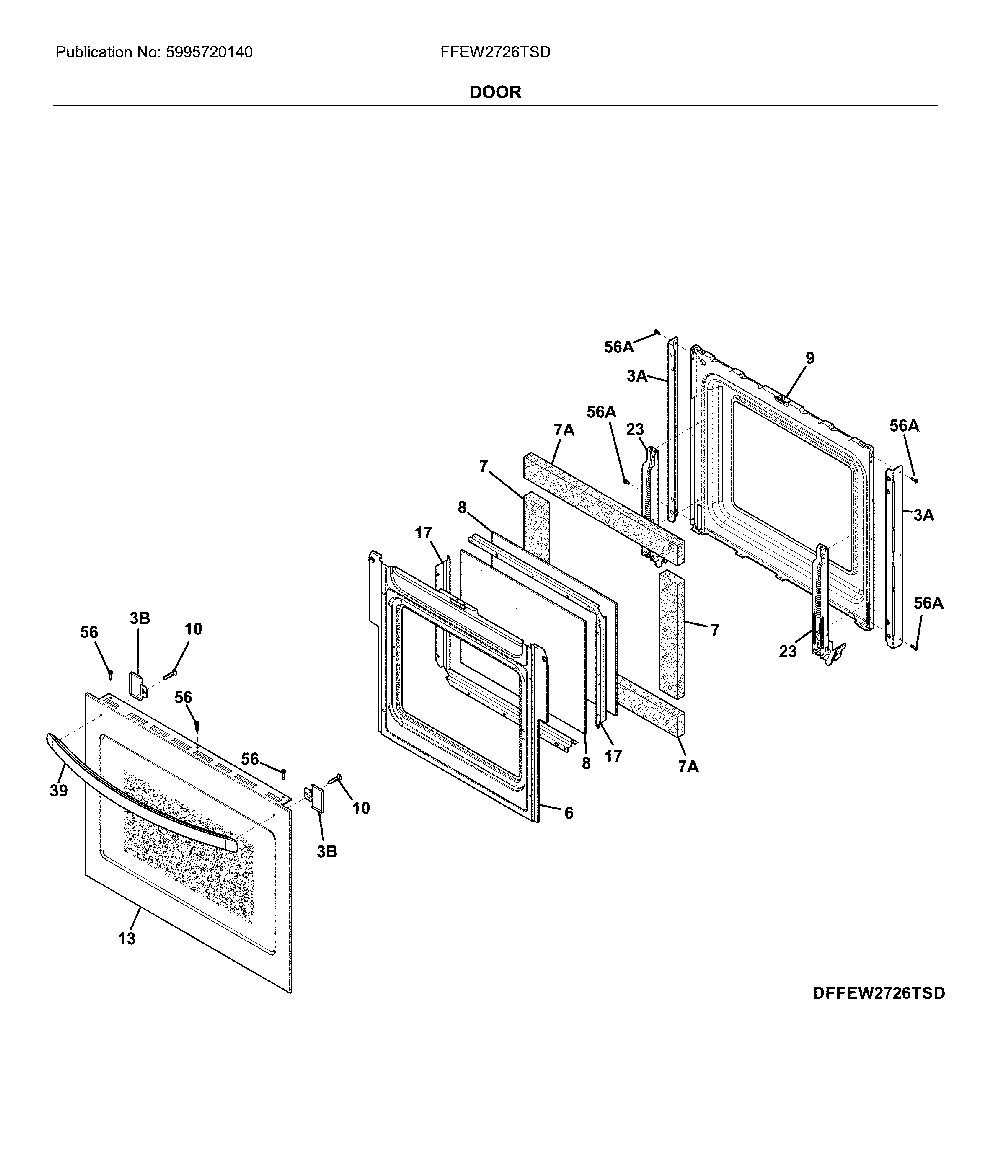 Door Diagram and Parts List for FFEW2726TSD  Frigidaire Wall Oven