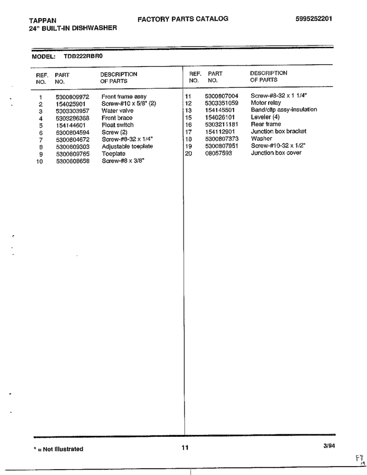 24" Built-in Dishwasher Page 11 Diagram and Parts List for 68-1075  Frigidaire Dishwasher