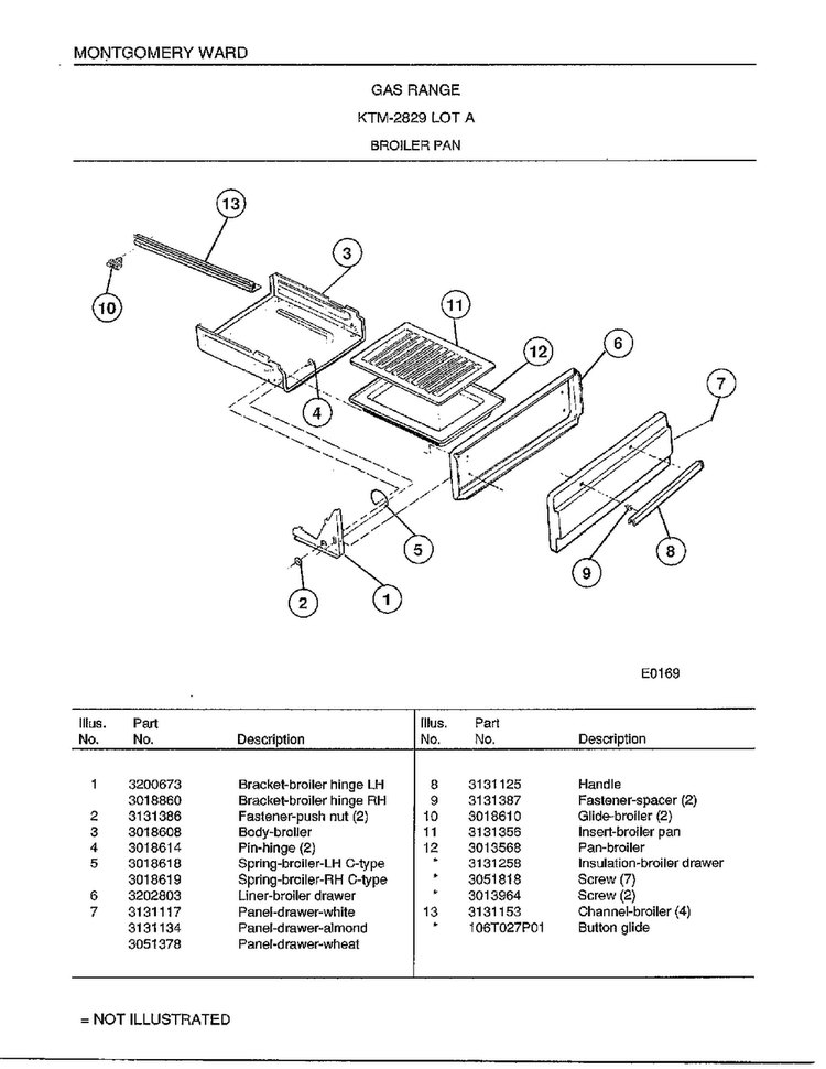 Gas Range/ Broiler Pan Diagram and Parts List for 2829A  Frigidaire Range