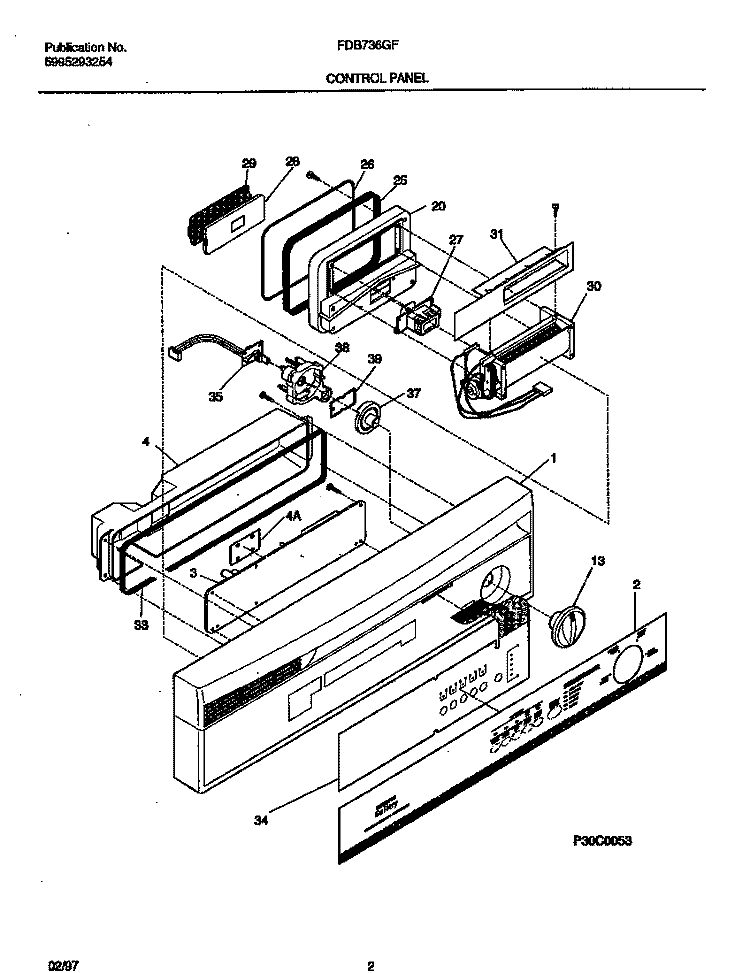 CONTROL PANEL Diagram and Parts List for FDB736GFS2  Frigidaire Dishwasher