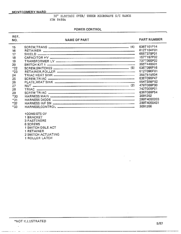 Power Control Page 2 Diagram and Parts List for 8488A  Frigidaire Range