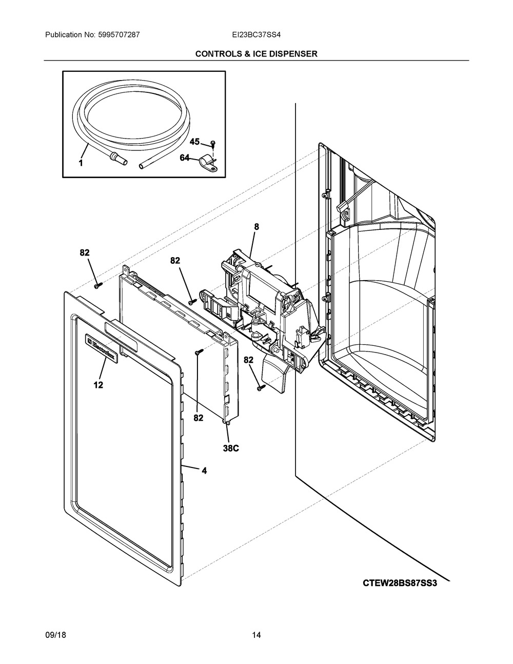 Controls & Ice Dispenser Diagram and Parts List for EI23BC37SS4  Frigidaire Refrigerator