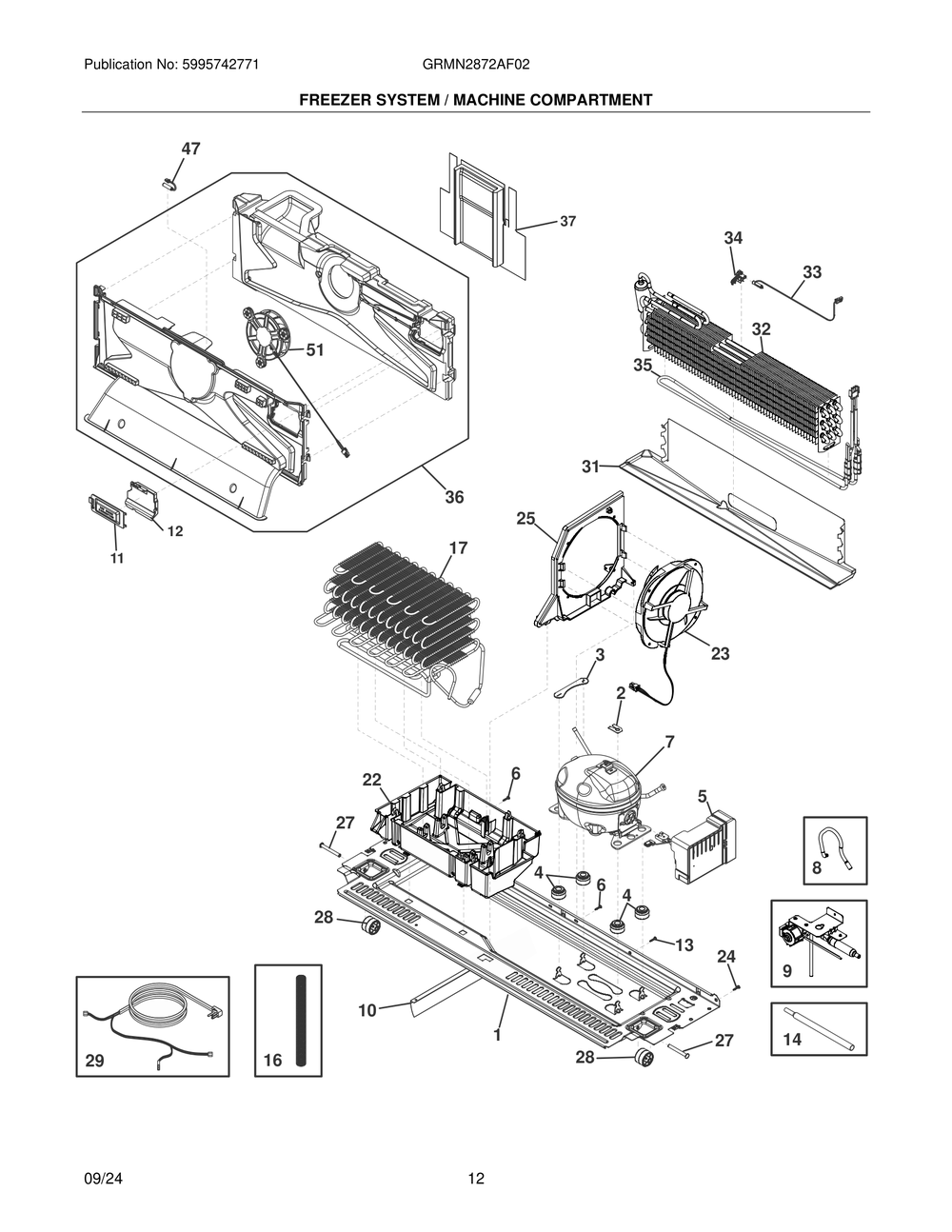 Freezer System / Machine Compartment Diagram and Parts List for GRMN2872AF02  Frigidaire Refrigerator