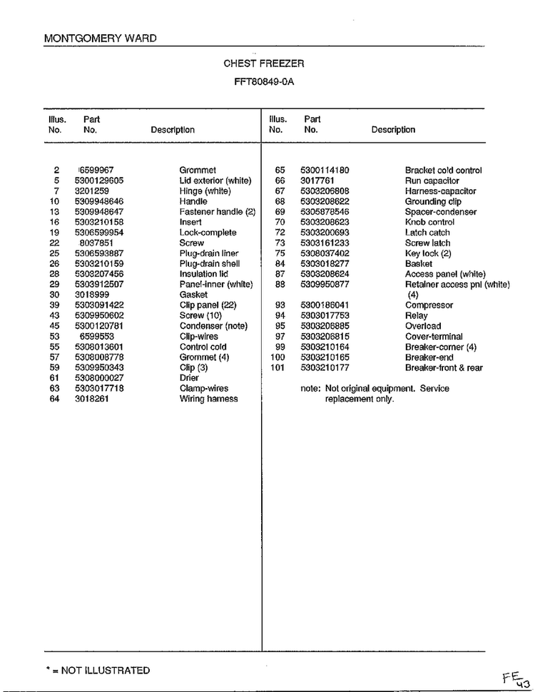 Chest Freezer Page 2 Diagram and Parts List for 80849A  Frigidaire Freezer