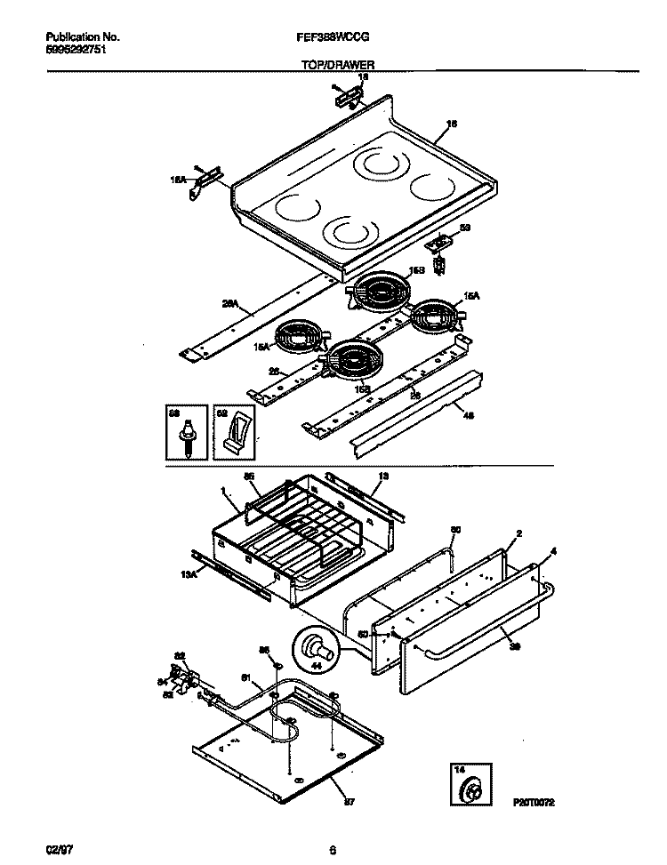 TOP / DRAWER Diagram and Parts List for FEF388WCCG  Frigidaire Range