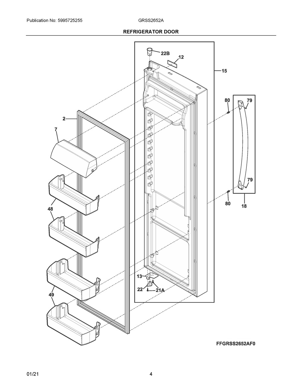 Refrigerator Door Diagram and Parts List for GRSS2652AF0  Frigidaire Refrigerator