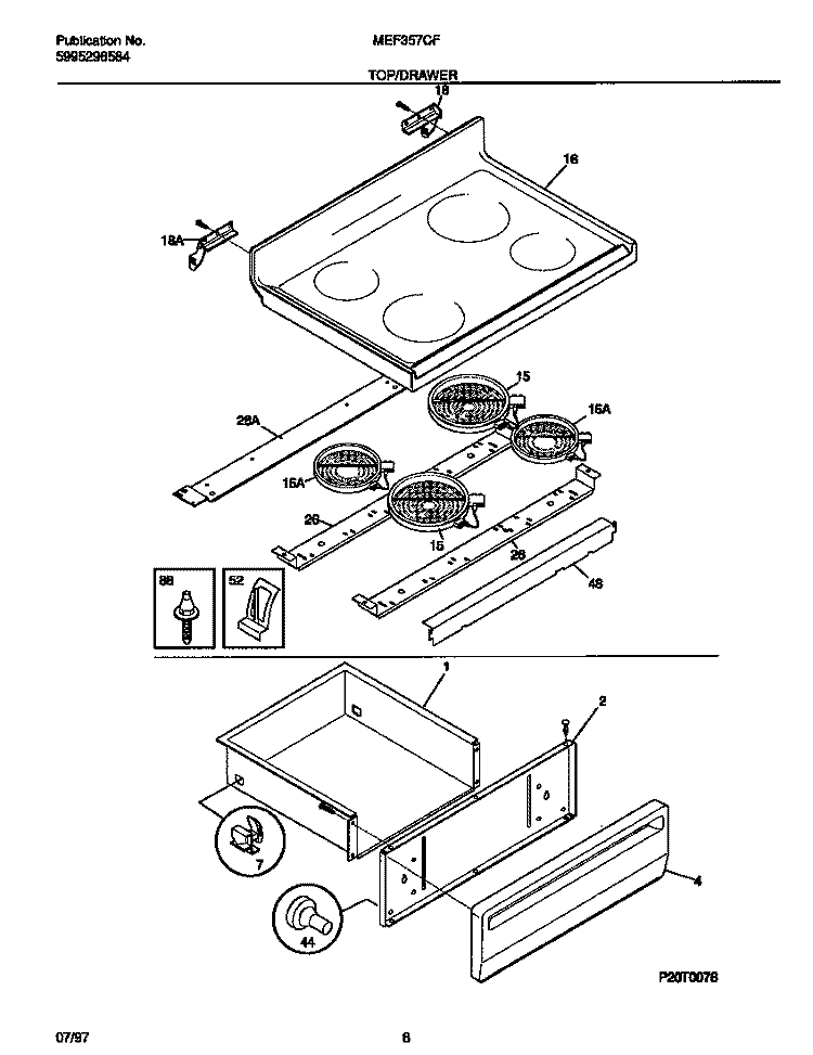 TOP / DRAWER Diagram and Parts List for MEF357CFSA  Frigidaire Range