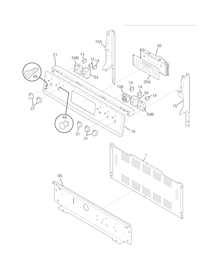 Backguard Diagram and Parts List for LGEF3045KFH  Frigidaire Range