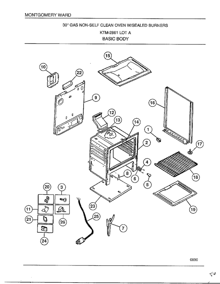 Basic Body Diagram and Parts List for 2861A  Frigidaire Range