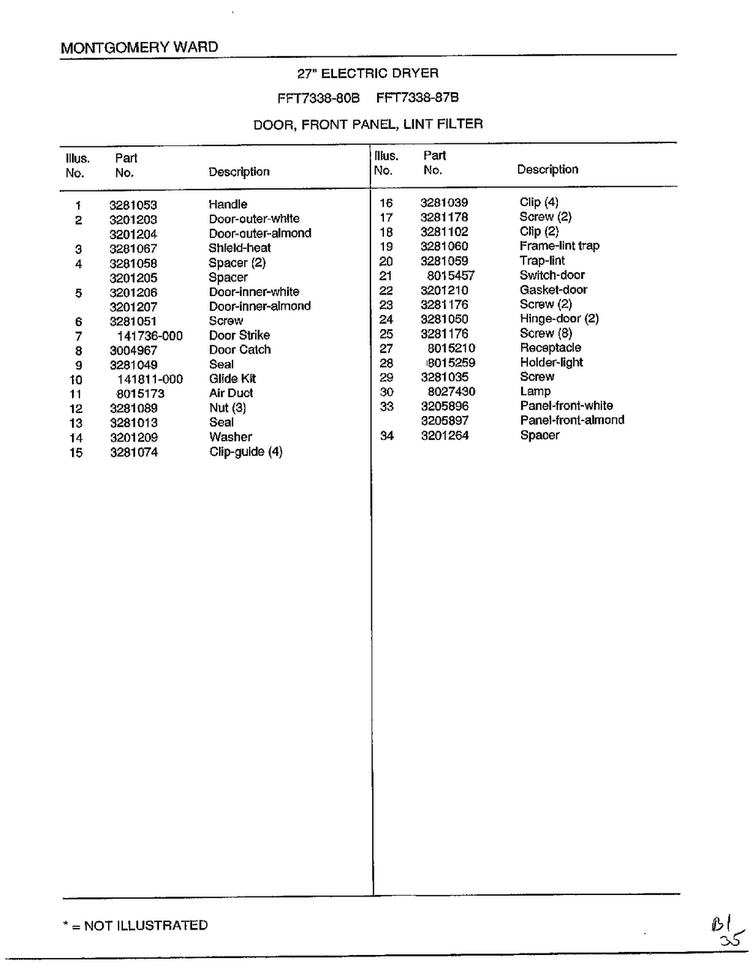 Door, Front Panel, Lint Filter Page 2 Diagram and Parts List for 7338B  Frigidaire Dryer