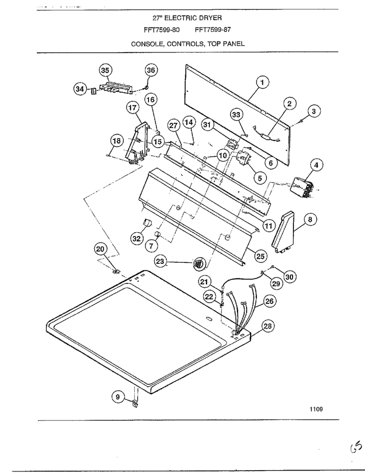 Console, Controls, Top Panel Diagram and Parts List for 7599-80  Frigidaire Dryer