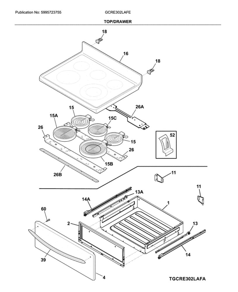 Top/Drawer Diagram and Parts List for GCRE302LAFE  Frigidaire Range