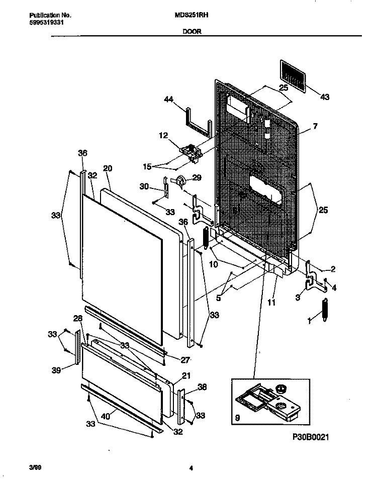 DOOR Diagram and Parts List for MDS251RHR0  Frigidaire Dishwasher