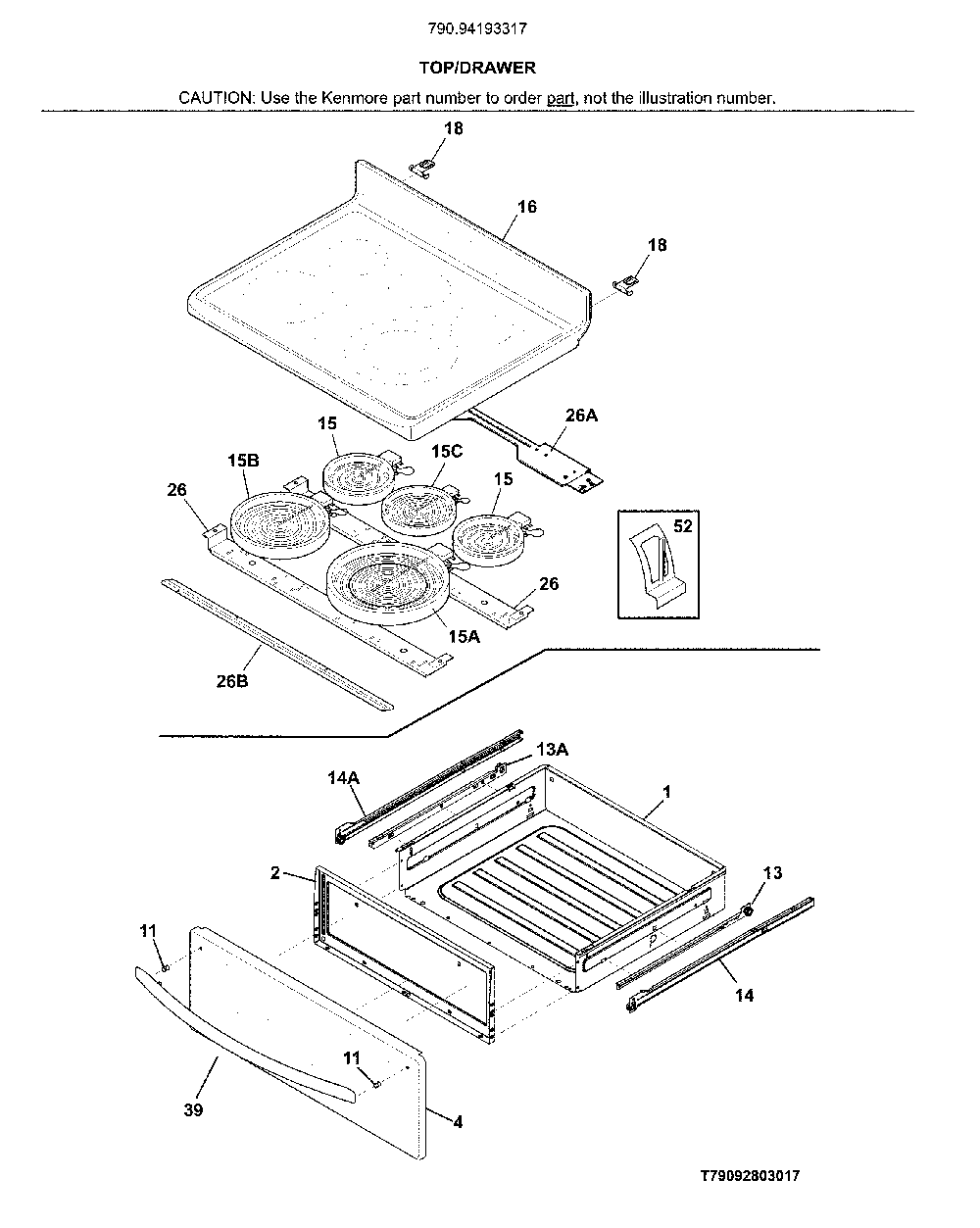 Top/drawer Diagram and Parts List for 79094193317  Kenmore Range