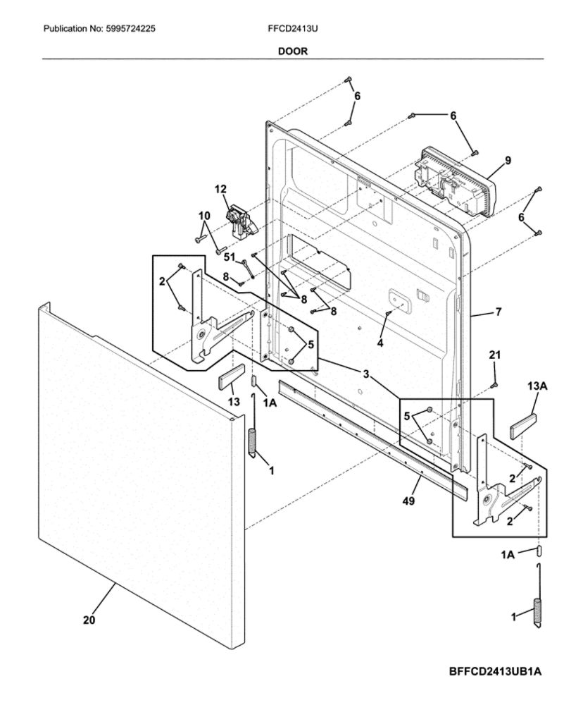 Door Diagram and Parts List for FFCD2413UB4A  Frigidaire Dishwasher