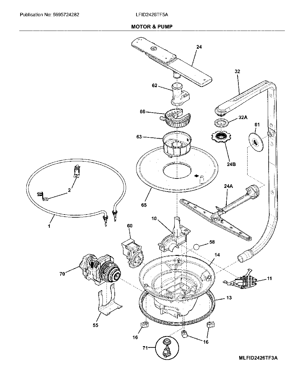 Motor & pump Diagram and Parts List for LFID2426TF5A  Frigidaire Dishwasher