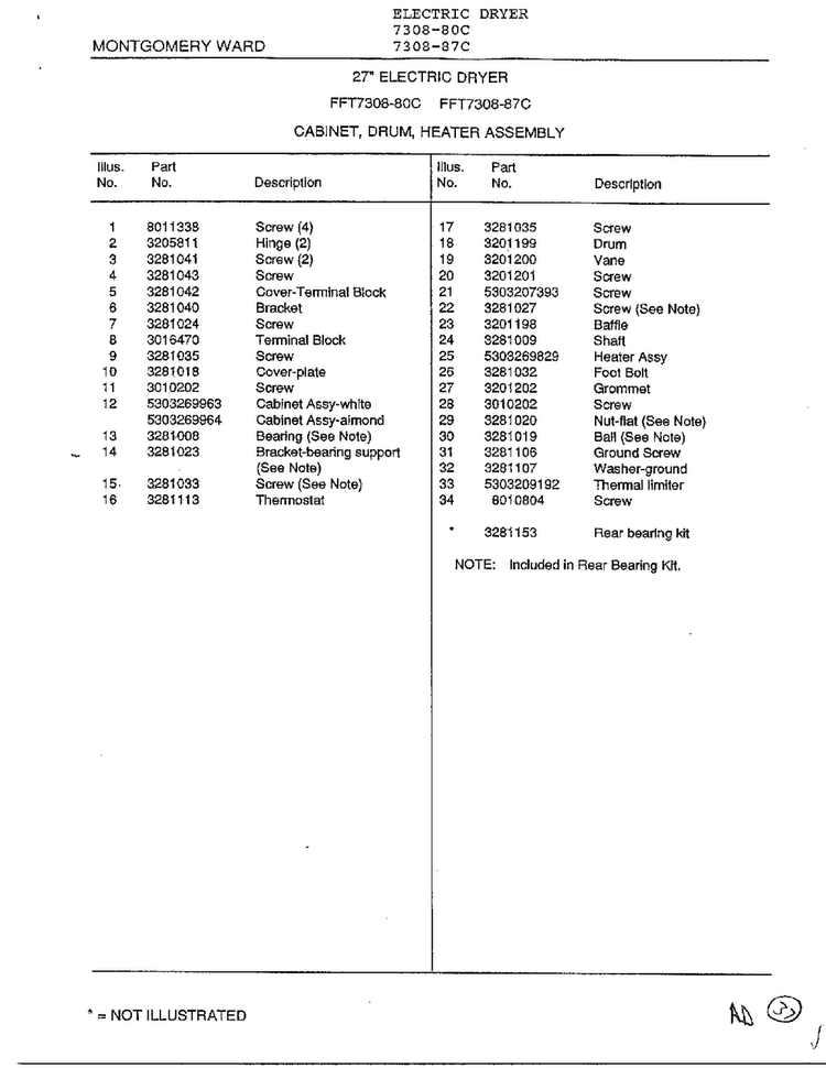Cabinet, Drum, Heater Assembly Page 2 Diagram and Parts List for 7308-87C  Frigidaire Dryer