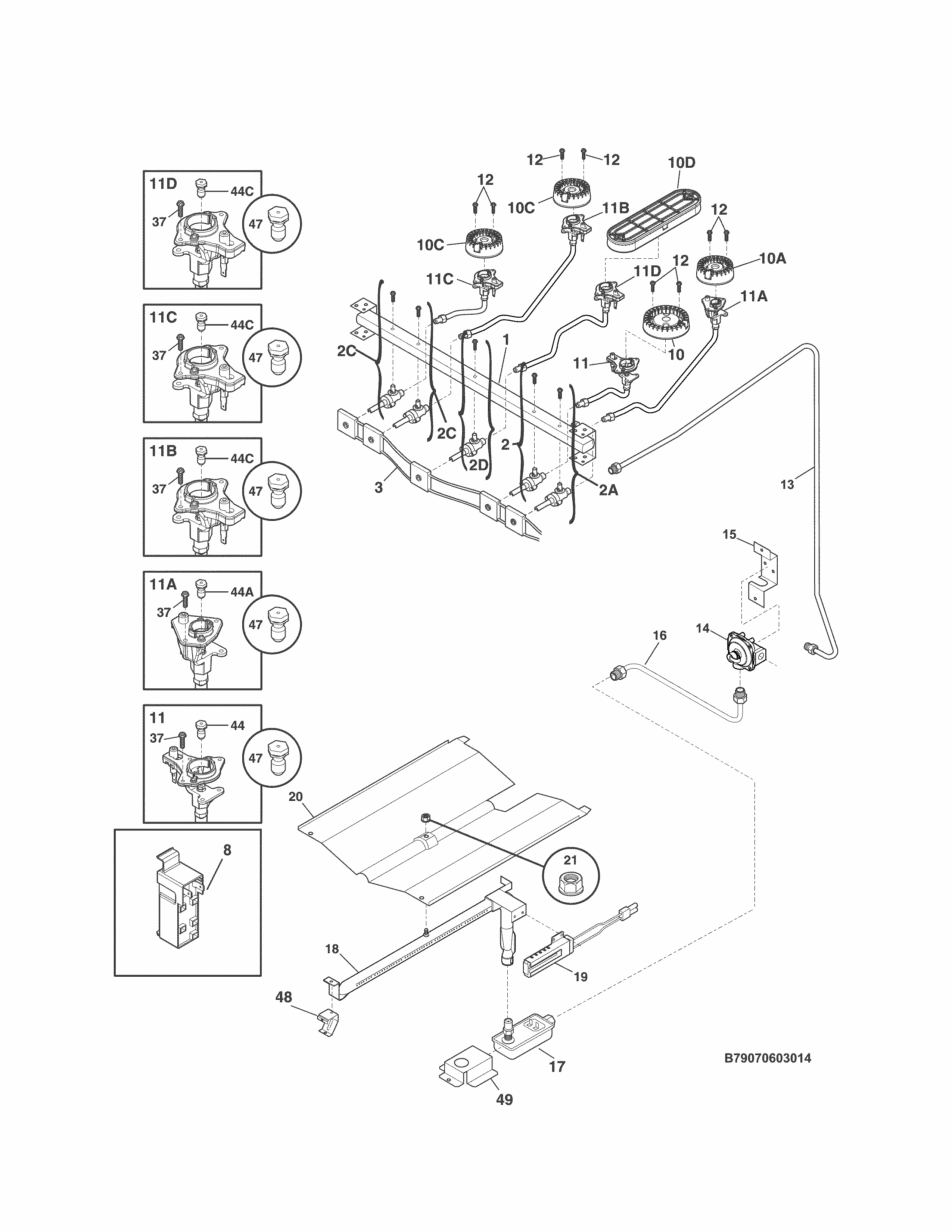 Burner Diagram and Parts List for 79073433312  Kenmore Range