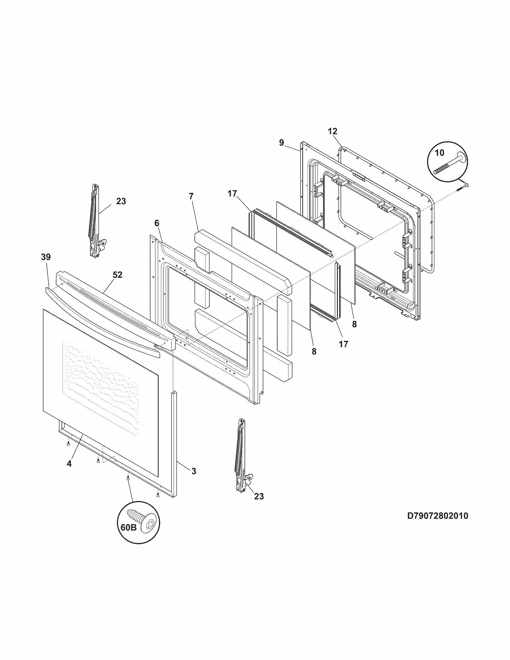 Door Diagram and Parts List for 79074139310  Kenmore Range