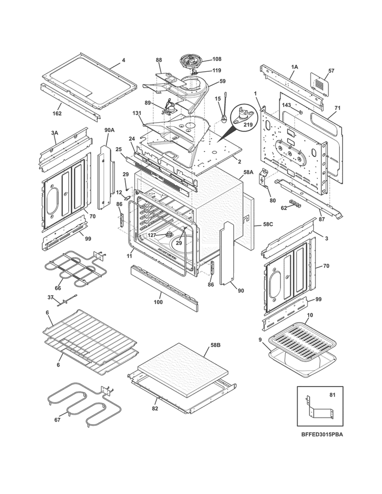 Body Diagram and Parts List for FFED3015PBC  Frigidaire Range