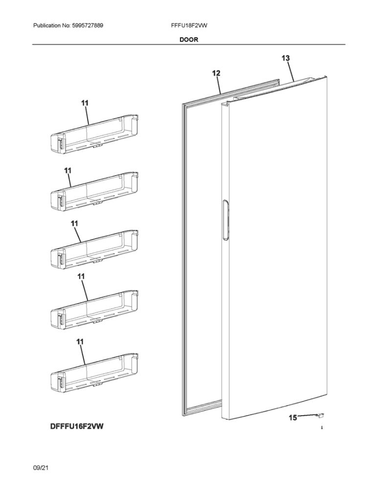 Door Diagram and Parts List for FFFU18F2VW  Frigidaire Freezer