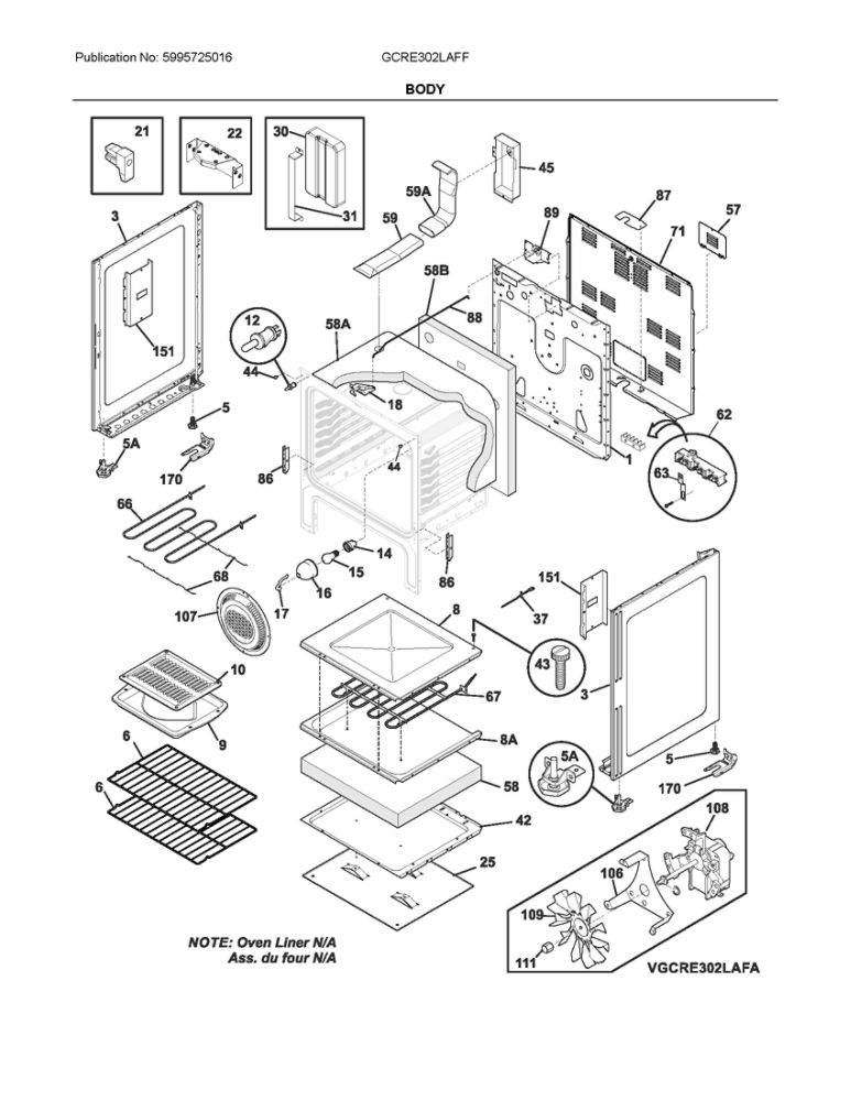 Body Diagram and Parts List for GCRE302LAFF  Frigidaire Range