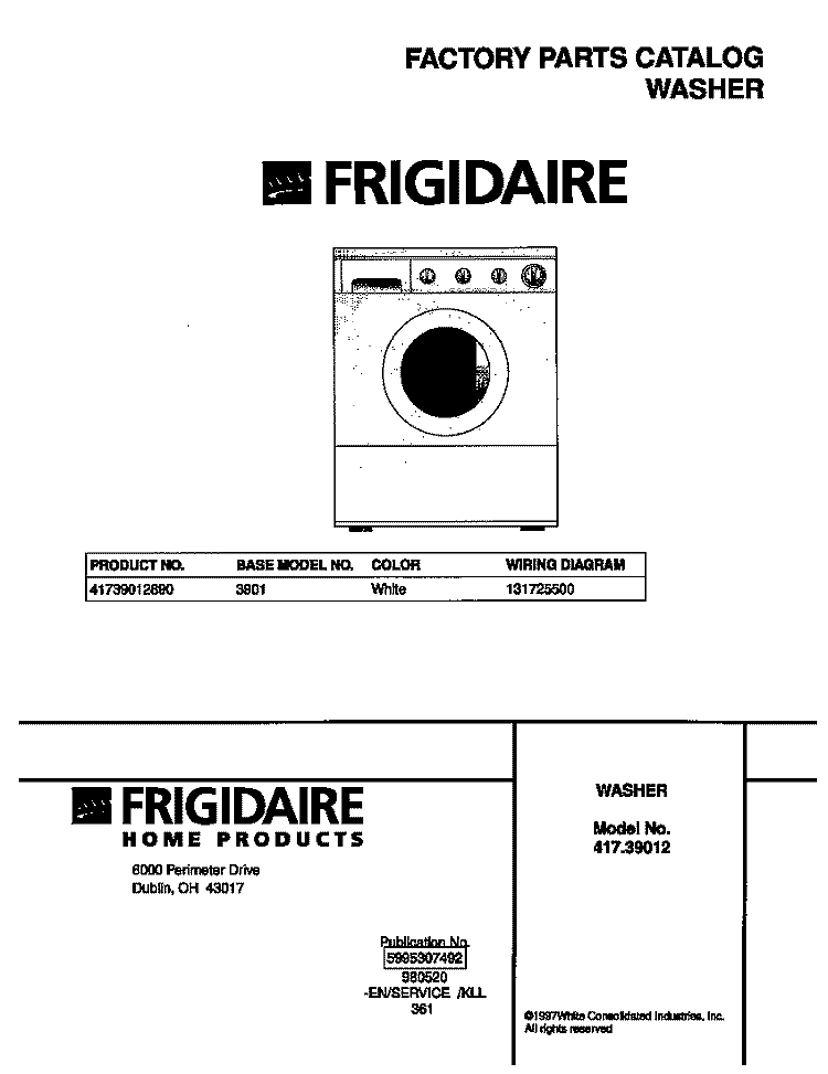COVER Diagram and Parts List for 41739012890  Frigidaire Washer