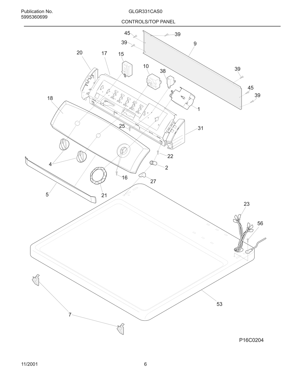 Controls/Top Panel Diagram and Parts List for GLGR331CAS0  Frigidaire Dryer