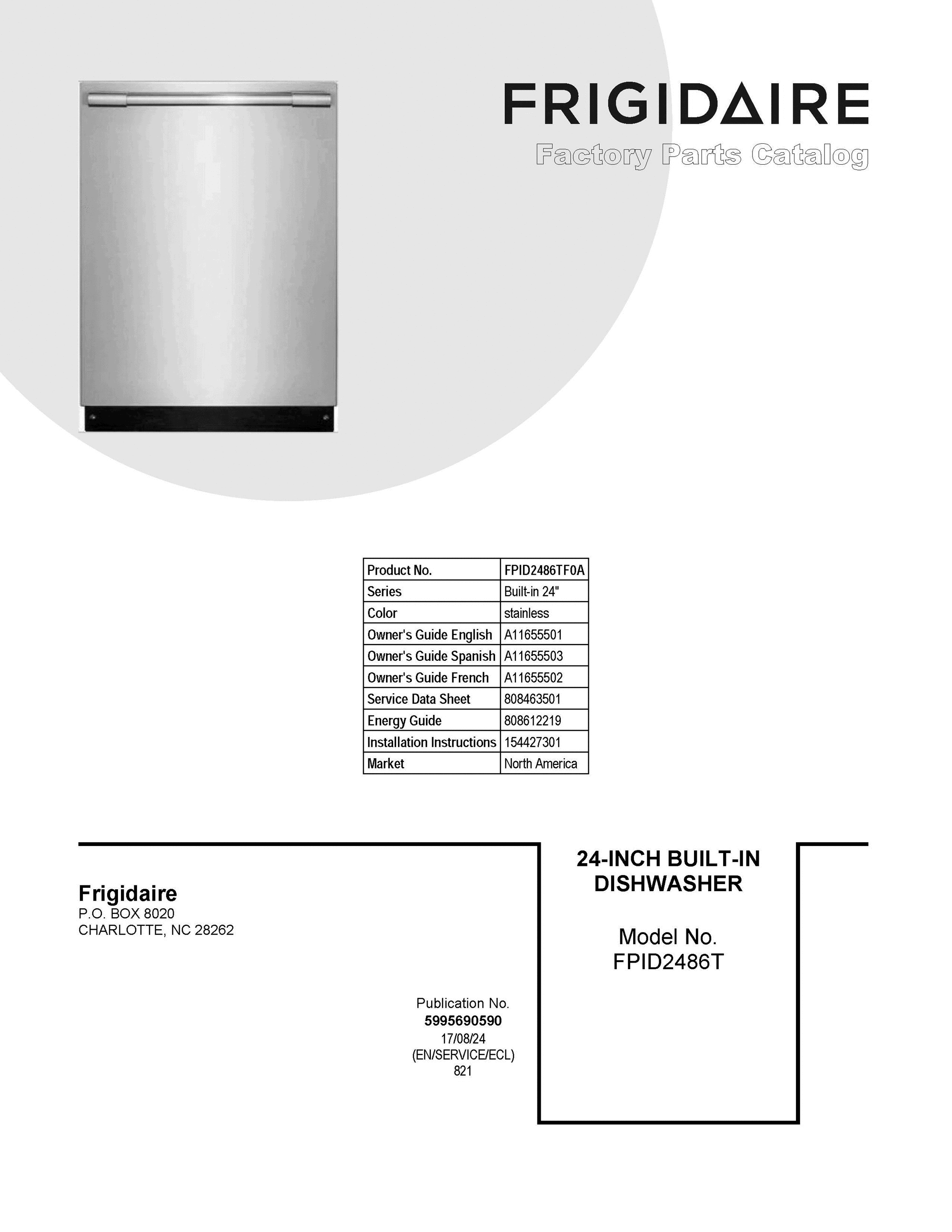 01 - COVER SHEET Diagram and Parts List for FPID2486TF0A  Frigidaire Dishwasher