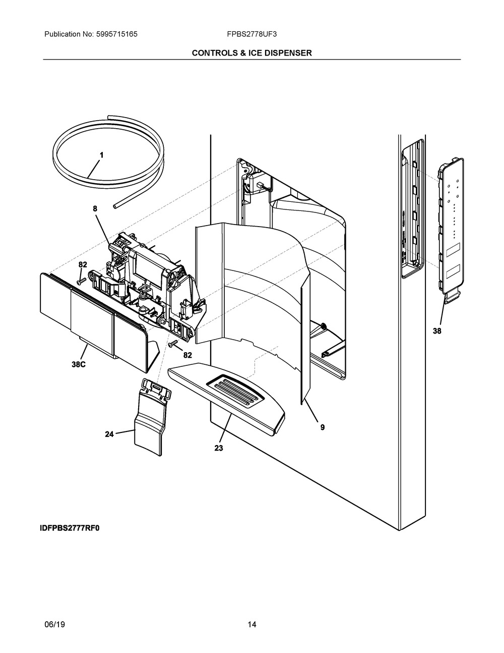Controls & Ice Dispenser Diagram and Parts List for FPBS2778UF3  Frigidaire Refrigerator