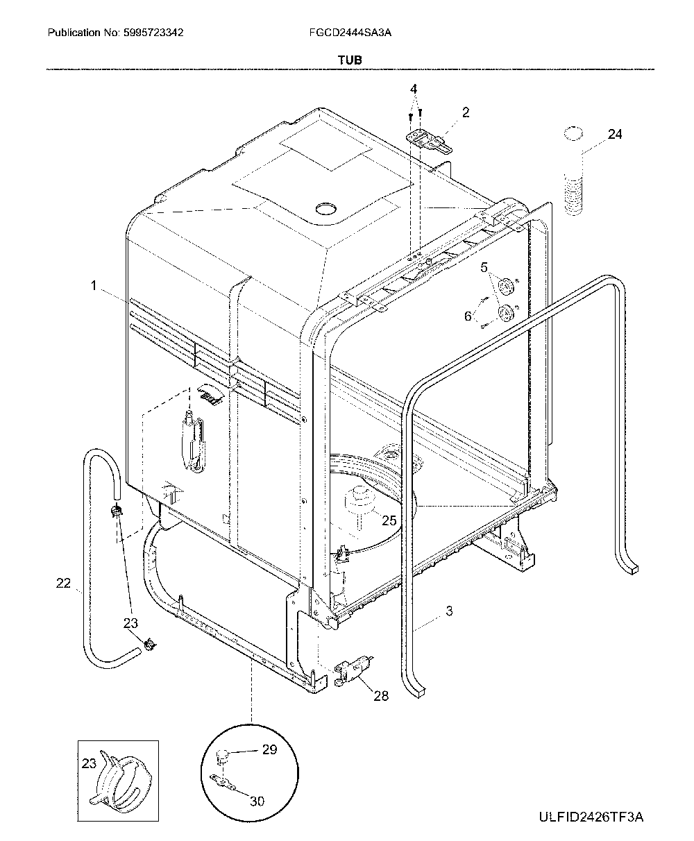 Tub Diagram and Parts List for FGCD2444SA3A  Frigidaire Dishwasher