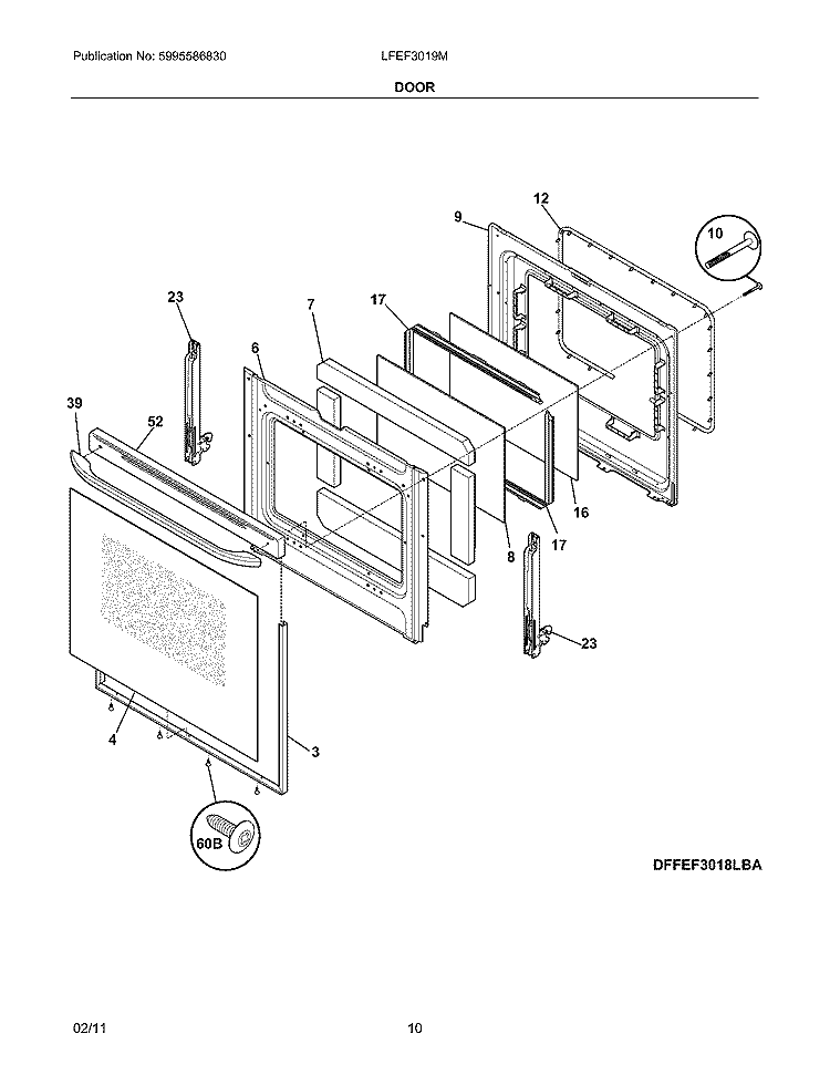 DOOR Diagram and Parts List for LFEF3019MBA  Frigidaire Range