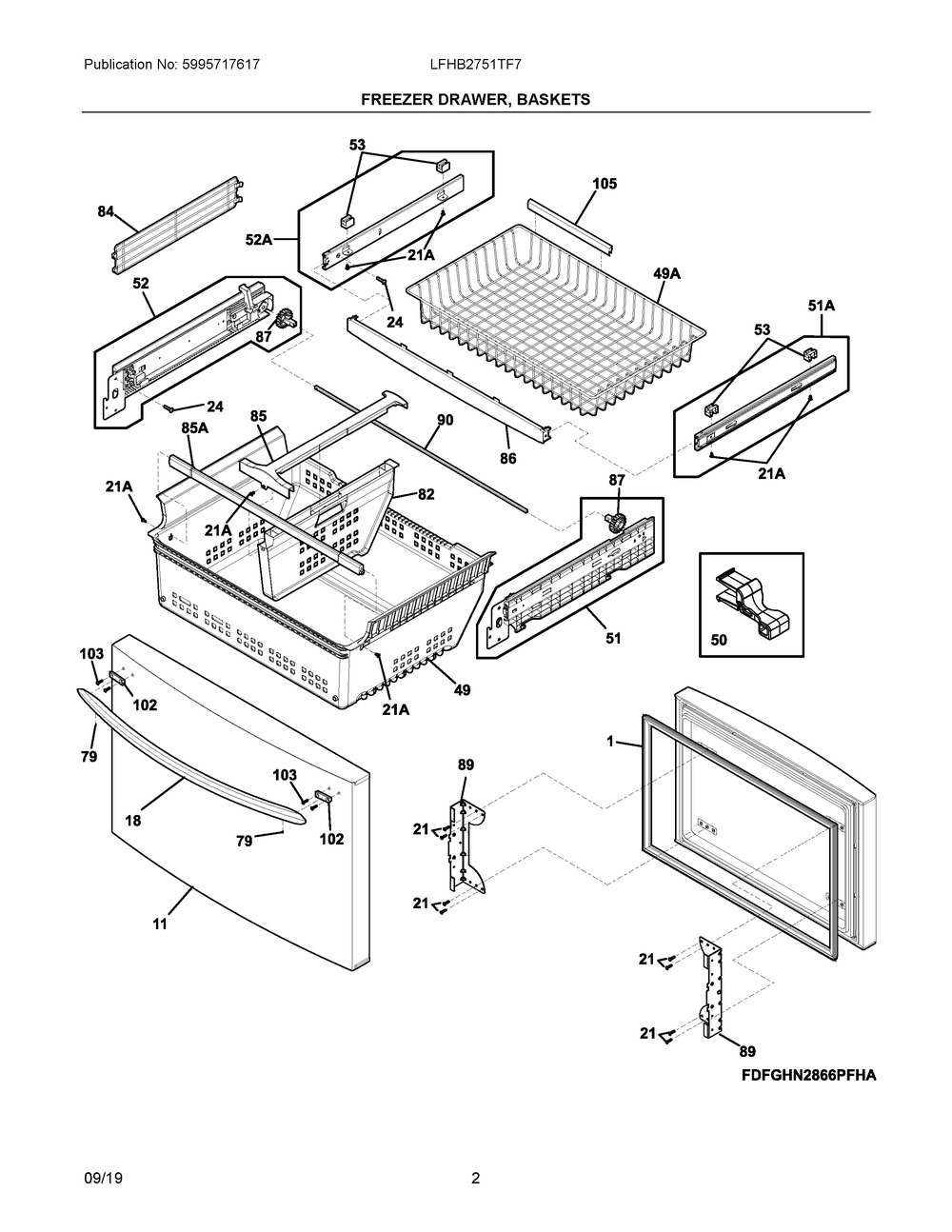 Freezer Drawer, Baskets Diagram and Parts List for LFHB2751TF7  Frigidaire Refrigerator