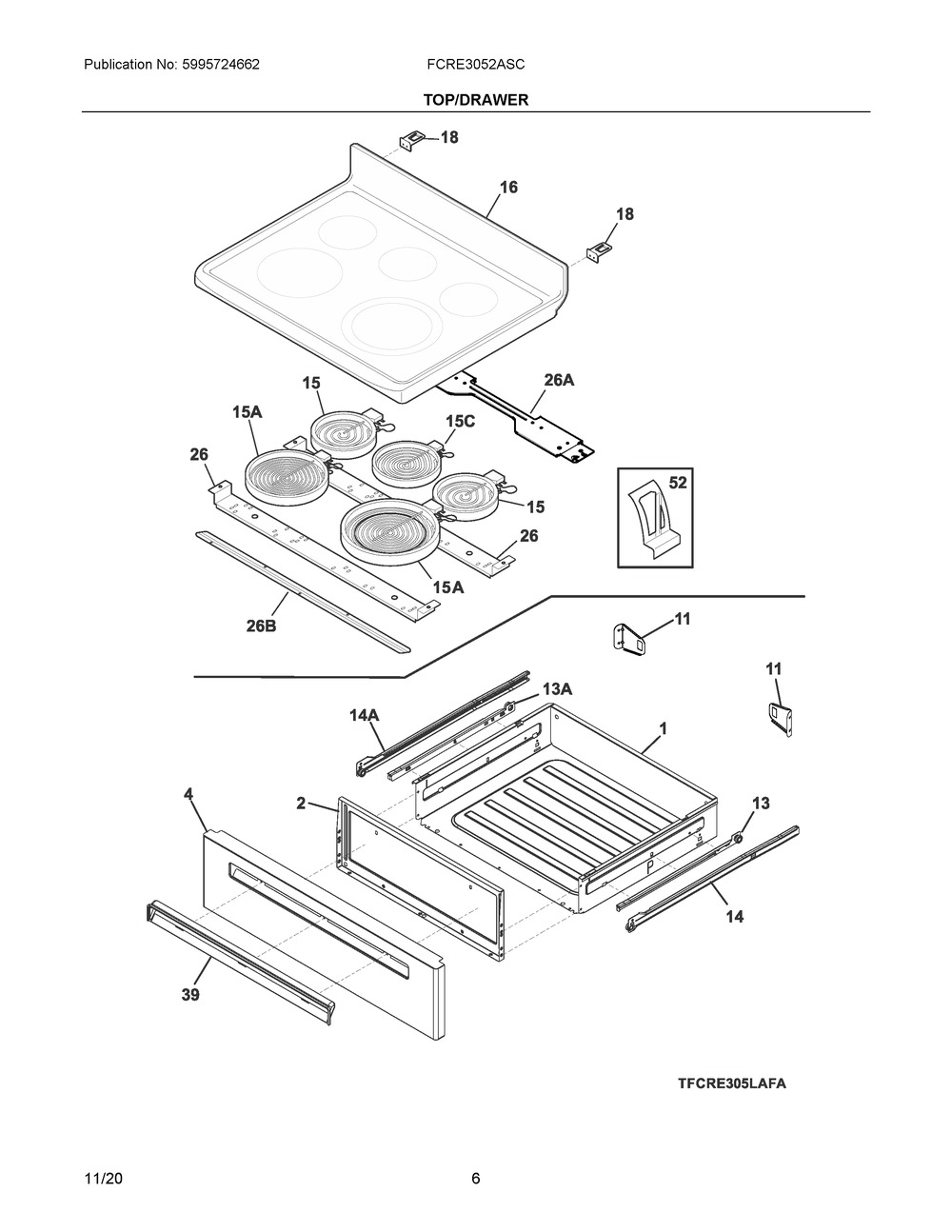 Top/Drawer Diagram and Parts List for FCRE3052ASC  Frigidaire Range