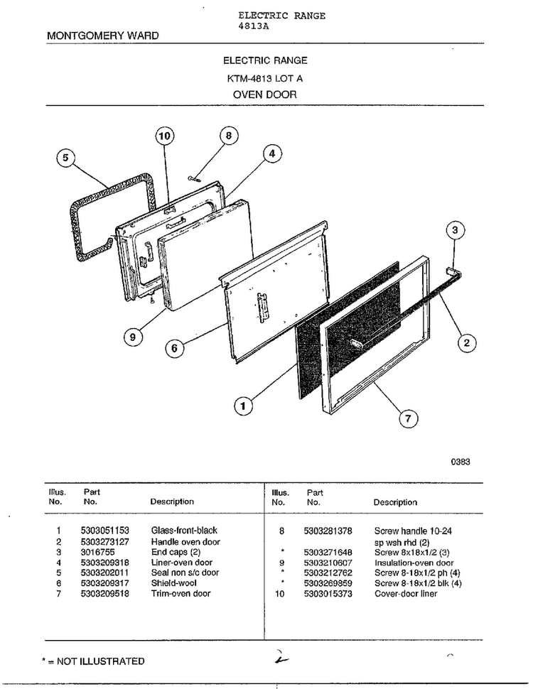 Oven Door Diagram and Parts List for 4813A  Frigidaire Range