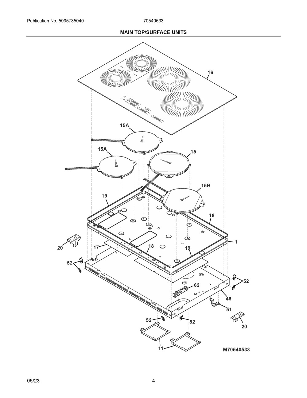 Main Top/Surface Units Diagram and Parts List for 70540533  Frigidaire Cooktop