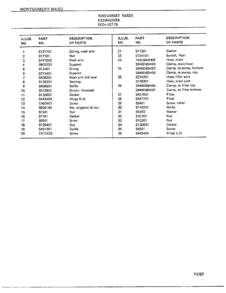 Dishwasher Page 9 Diagram and Parts List for 1077B  Frigidaire Dishwasher