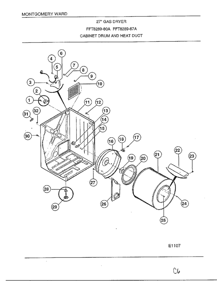Cabinet Drum/heat Duct Diagram and Parts List for 8289-80A  Frigidaire Dryer