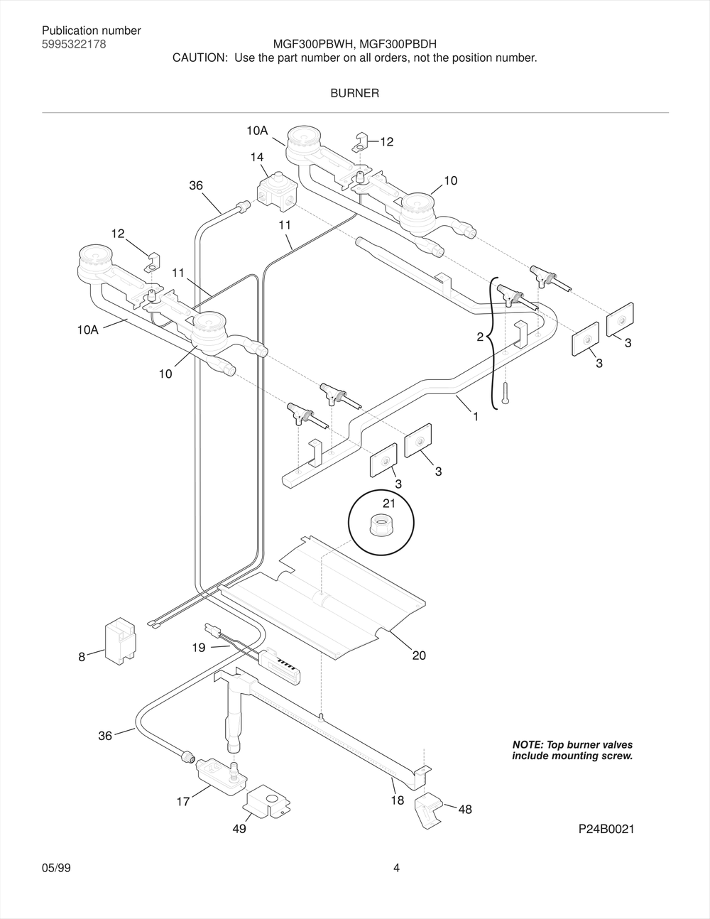 Burner Diagram and Parts List for MGF300PBDW  Frigidaire Range